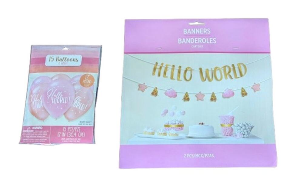 Hello World Baby | Girl Baby Shower | Gender Reveal Pink | Banner Kit & Ballons
